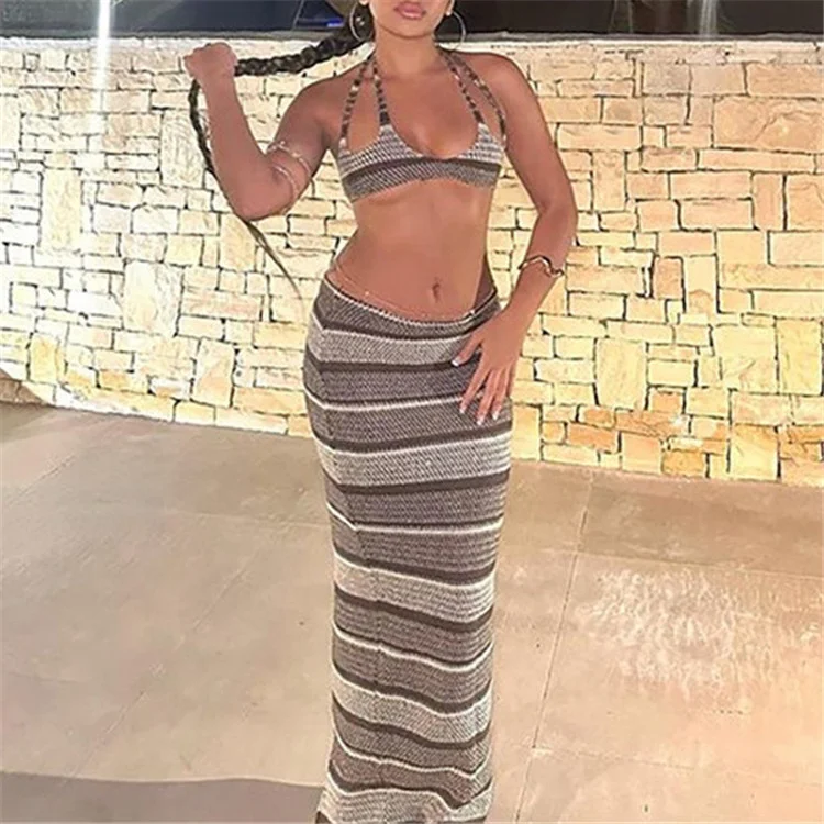 Knit Stripe Crochet Two Piece Set Women Halter Backless Bra +Low Waist Wraps Long Skirt Female Beach Outfits