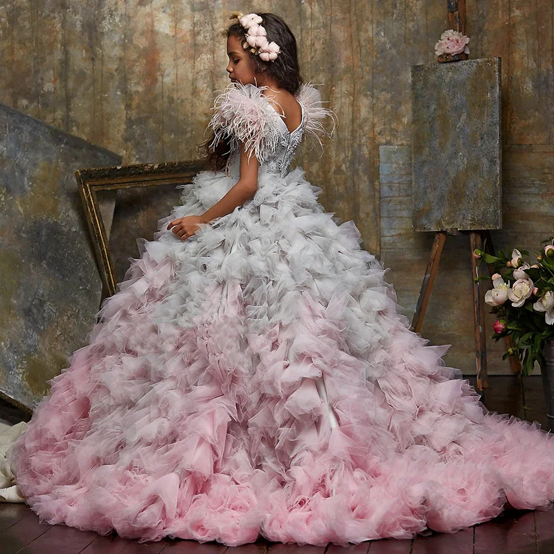 Роскошное бальное платье с перьями платья для девочек цветами свадебное аппликацией из бисера малышей детское выпускного вечера наряды на