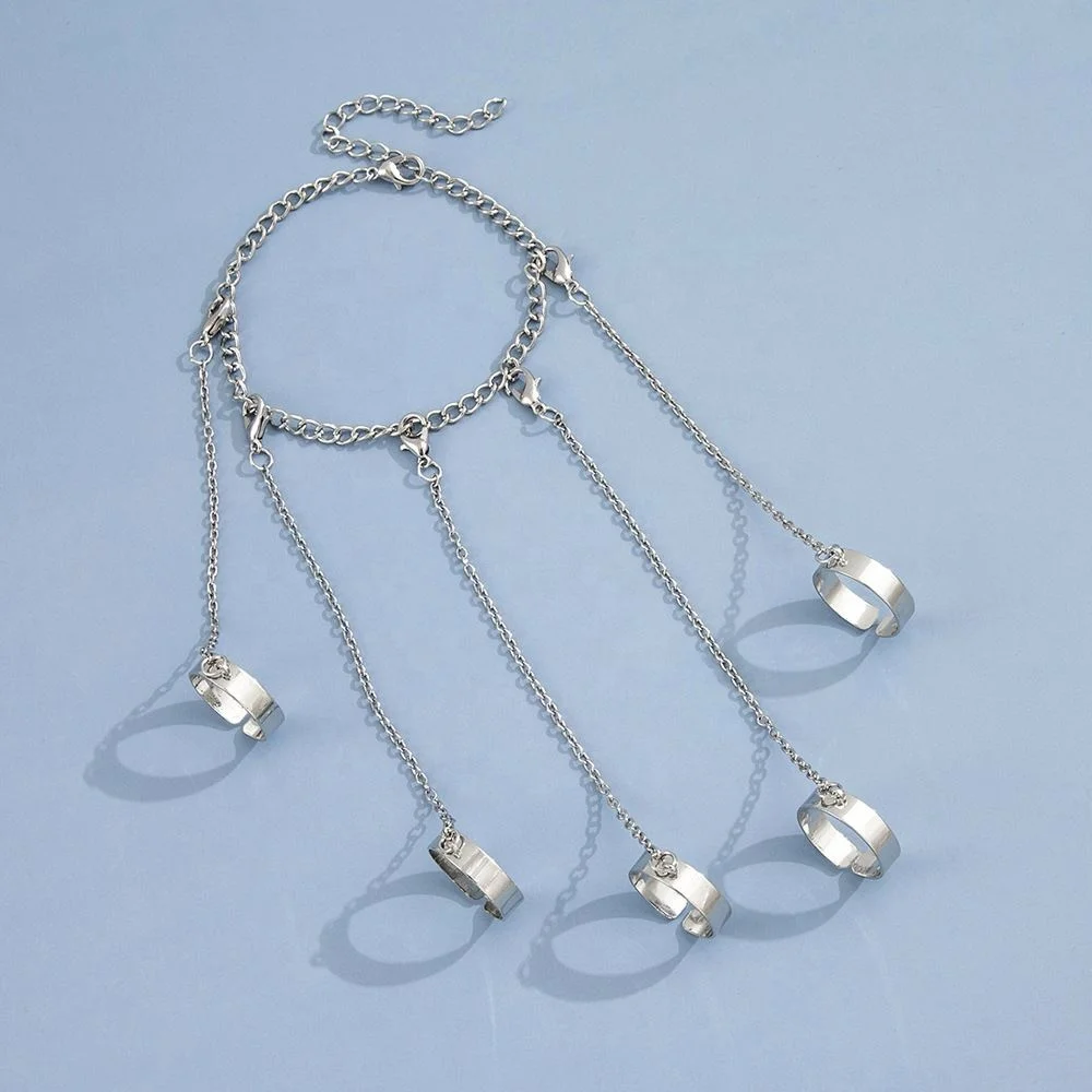 Punk Geometric Silver Color Chain Wrist Bracelet For Women Men Ring Charm Set Couple Emo Fashion Jewelry Gifts Pulsera Mujer