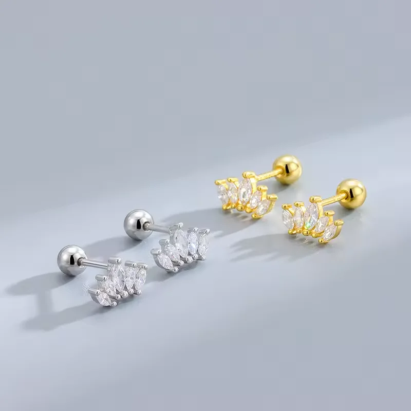 Fashion Luxury  Silver 925  Inlaid Horse Eye Zircon  Princess  Crown  Screw Back Stud Earrings for Women Jewelry Making