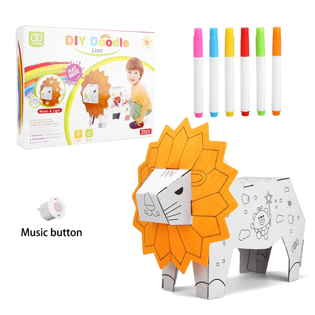 3D DIY Creative Giraffe Elephant Sheep Pattern Decorate and Personalize Painting Kids Cardboard drawing toy with music