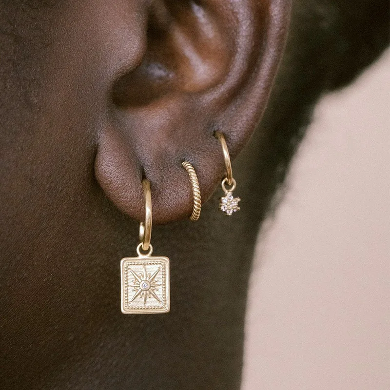 New Trend 925 Sterling Silver 18K Gold Plated Zircon Setting Sun Square Geometric Coin Drop Dangle Stud Earrings