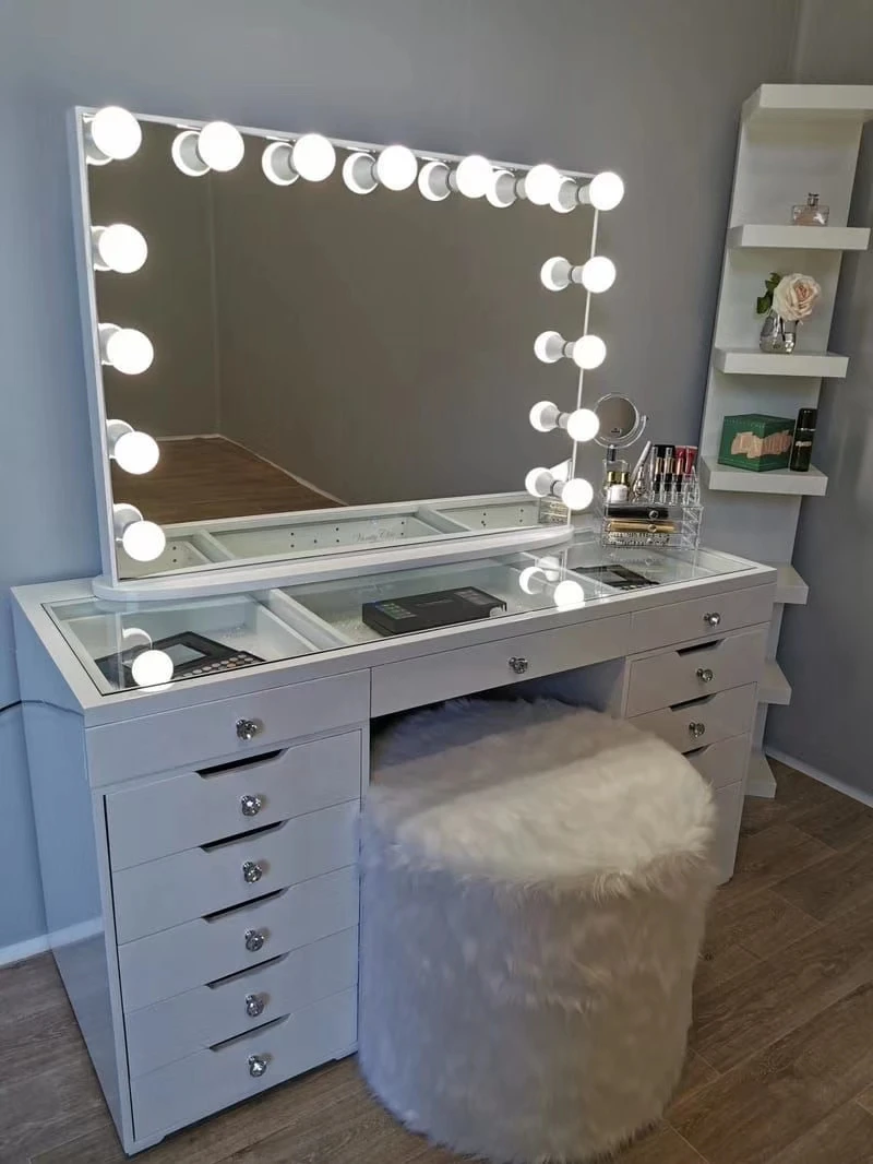 
2021 Hottest style OEM hotel bedroom apartment 13 drawers cheapest Makeup station vanity table with lighted mirror 