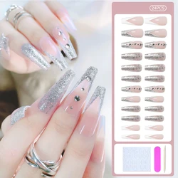 2022 New Full Cover 24 pieces French ballet artificial nail with rhinestone finger nails artificial fingernails design nail tips
