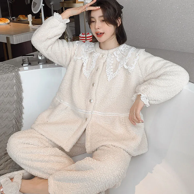 Winter coral fleece lace pajama plus size sleepwear women leisure wear