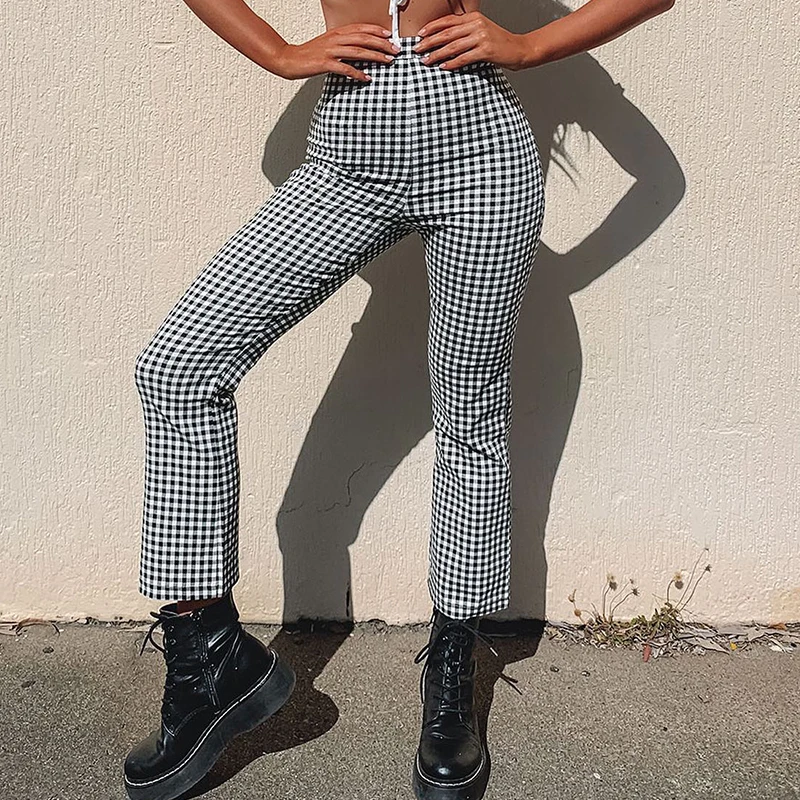 Oem Custom Manufacturer High Quality Casual Black And White Checked Cigarette Straight Pants Trousers For Women