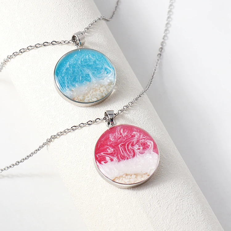 Handmade Round Ocean Resin Necklace Jewelry Wave Pendant Necklace with Stainless Steel Link Chain