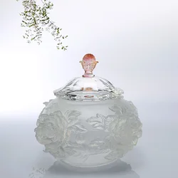 Unique beautiful Flower pattern Liuli Crystal Glass Candy Jar With Lid for home wedding decoration