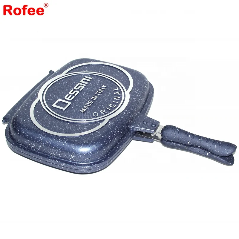 Hot sell double sides grill pan cast aluminum marble nonstick fry pan with ridges
