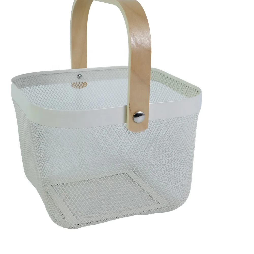 Hot selling metal white household fruit and vegetable storage basket with a wood handle