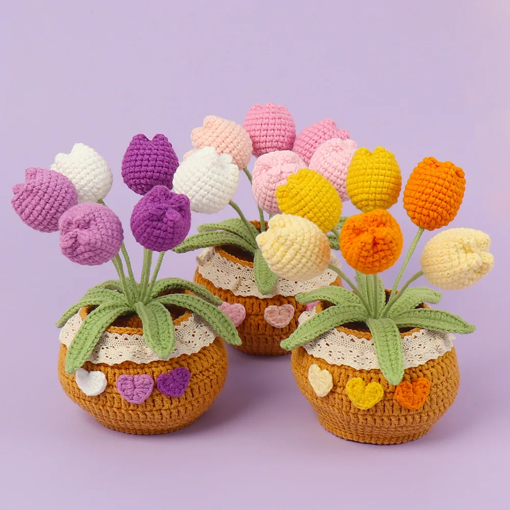 Handmade Knit Artificial Flower Wool Tulips Flower Car Desktop Decoration Crochet Potted Flower Valentine Mothers Day Gifts