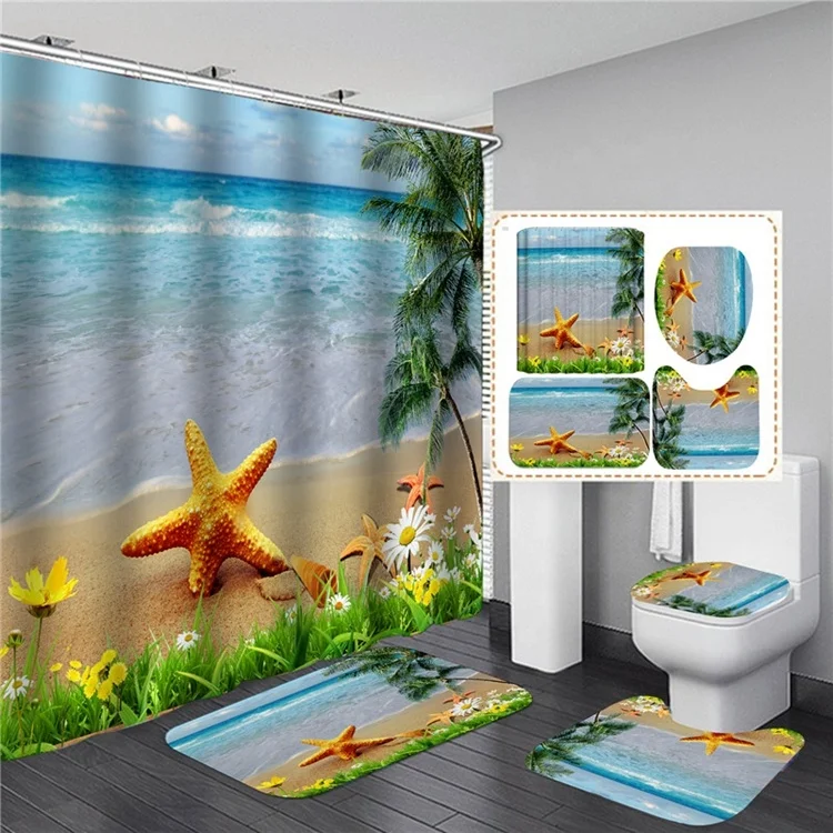 Bindi Hot Sale Summer Bench Style 3D Printed Waterproof Bathroom Set with Shower Curtain and Rug
