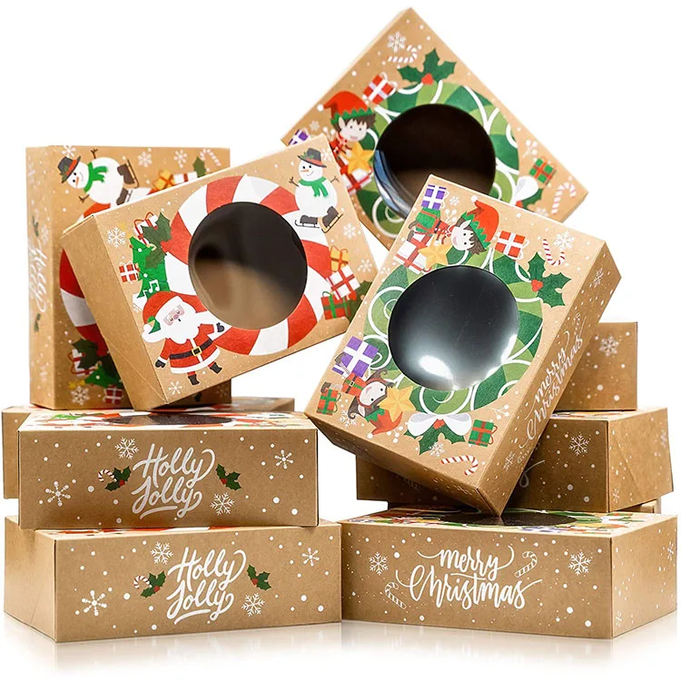 Custom Colorful Christmas Printing Paper Box for Donut Cake Packaging with Windows in Different Sizes Customized