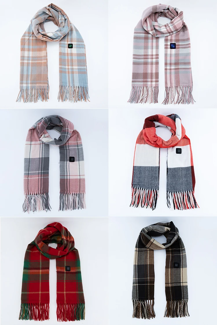 Christmas Gifts Sale Men Women Heated Scarves USB Rechargeable Constant Temperature Design Grid Tassels Heating Scarf for Winter