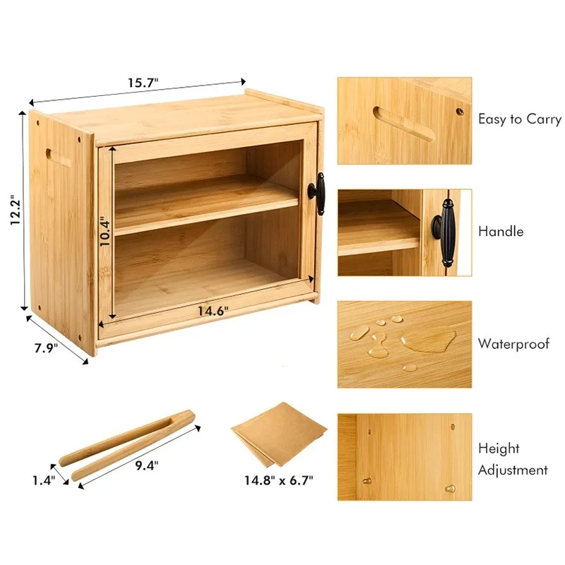Natural Bamboo Bread Bin,Double Layer Bread Box with Cutting Board Clip and Door