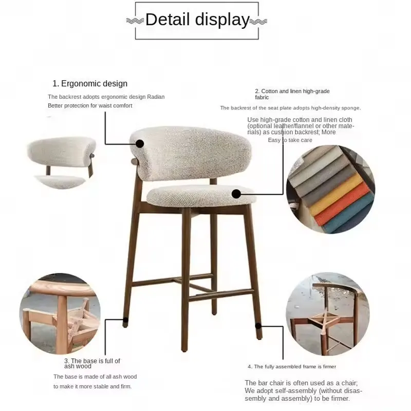 Nordic Luxury Velvet Leather Wood High Counter Chair Modern Bar Stool Bar Furniture for Kitchen Restaurant