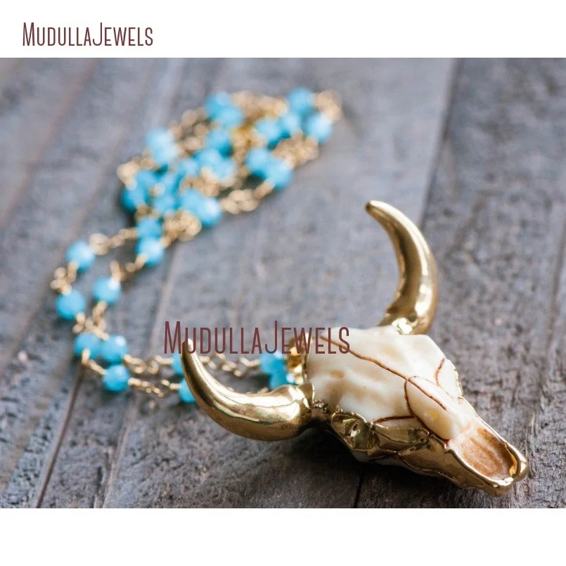 NM10813 Golden Cow Skull Necklace Cattle Bull Skull Charm Necklace Cowgirl Jewelry Beads Rosary Chain OX head Longhorn Necklace