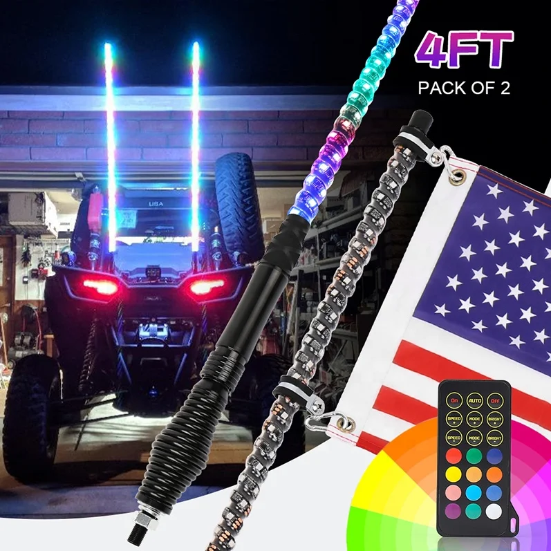 OVOVS 2ft,3ft,4ft,5ft,6ft UTV/ATV Parts & Accessories RGB 360 Degree Remote ATV Led Whip Antenna Chasing LED Flag Lights Pole