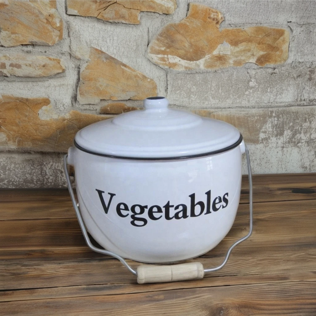 Enamel  Storage Pot Set With Traditional Decal Potato  Onion  Vegetable Pot