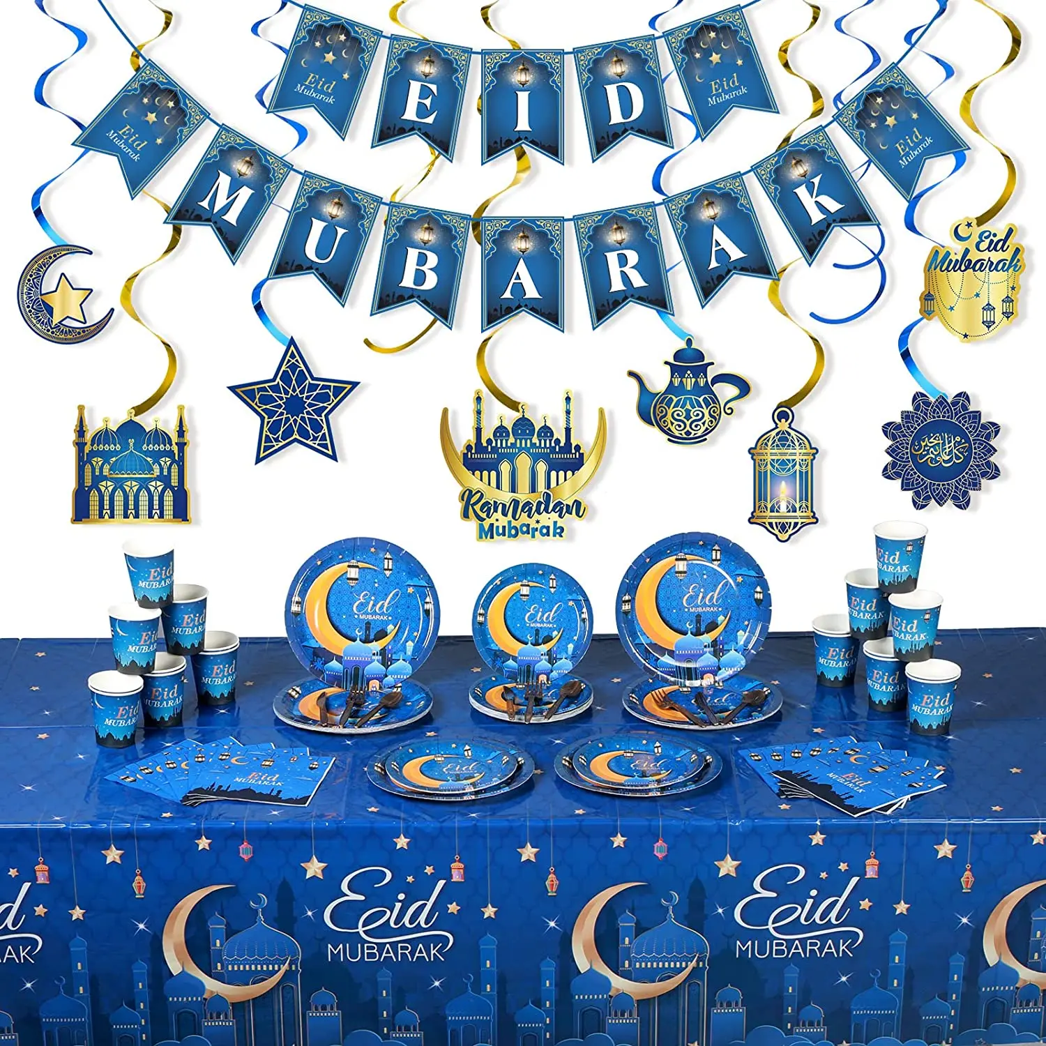 2023 New Eid mubarak decorations for table paper plate set disposable tableware set Napkins for Ramadan Eid Mubarak tableware