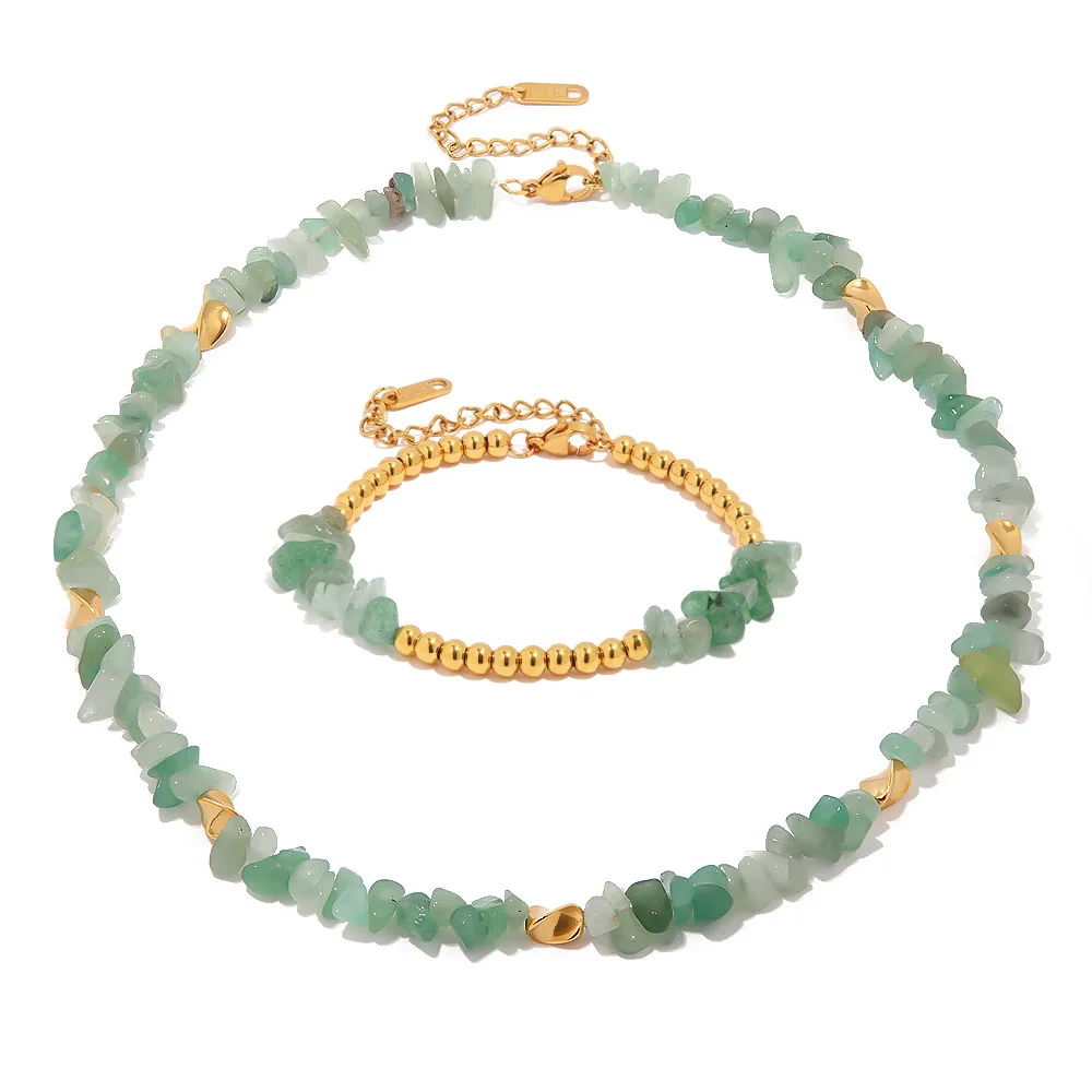 Trendy Natural Stone Beads with Stainless Steel Bead Chain Women Necklace Bracelet Set for Beach Styles