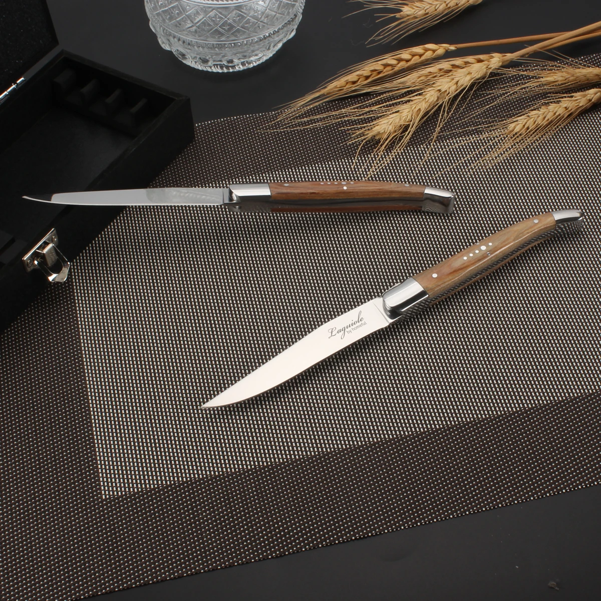 Laguiole Luxury Steak Knife with Cross Pin Rose Wood Handle Stainless Steel Flatware for Kitchen or Gifts