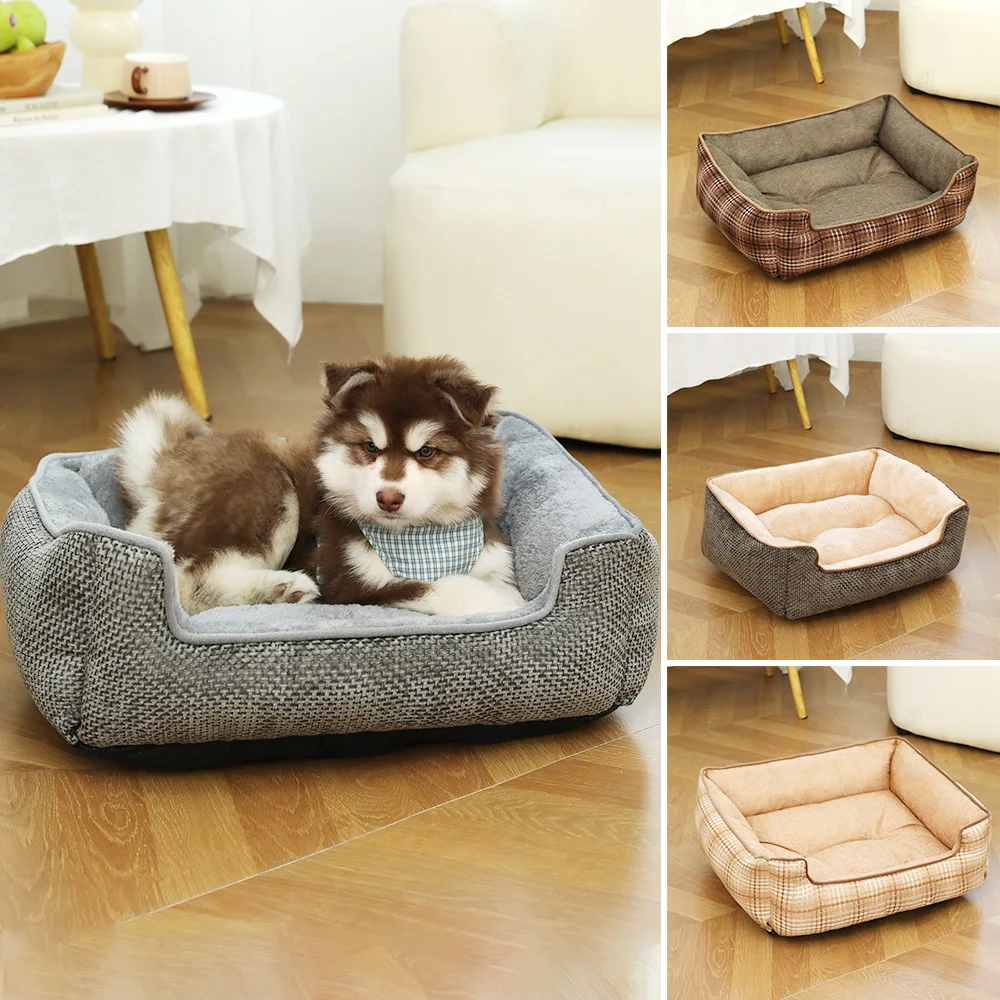 Linen Square Pet Bed Dog Kennel Soft Comfortable Cat Nest Deep Sleep Pet Mat Bed Four Seasons General Warm Dog Bed Cat Cushion
