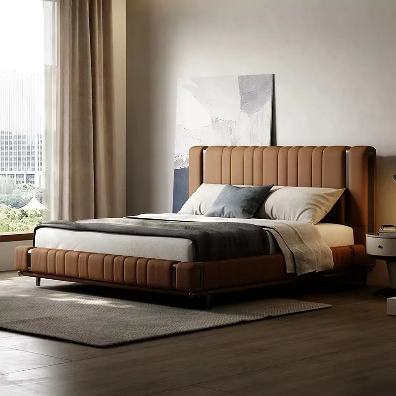 High quality Best price Leather double bed Bedroom furniture Solid wood modern style bed