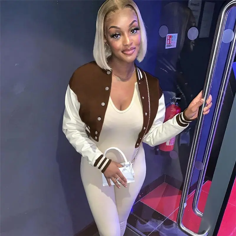 Leather patchwork long sleeve bomber jacket fashion streetwear winter jacket woman