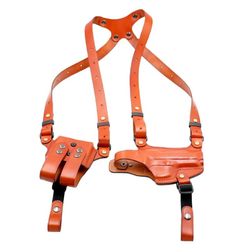 Gun&Flower Leather Shoulder Holster with Double Magazine Carrier Brown Color Concealed Carry for Secret Safe Carry