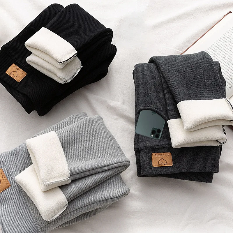 Winter Thick 350/450 g Cashmere Warm Women Pants Fashion Thin Leg High Waist Side Pocket Fleece Fuzzy Warm Women Leggings