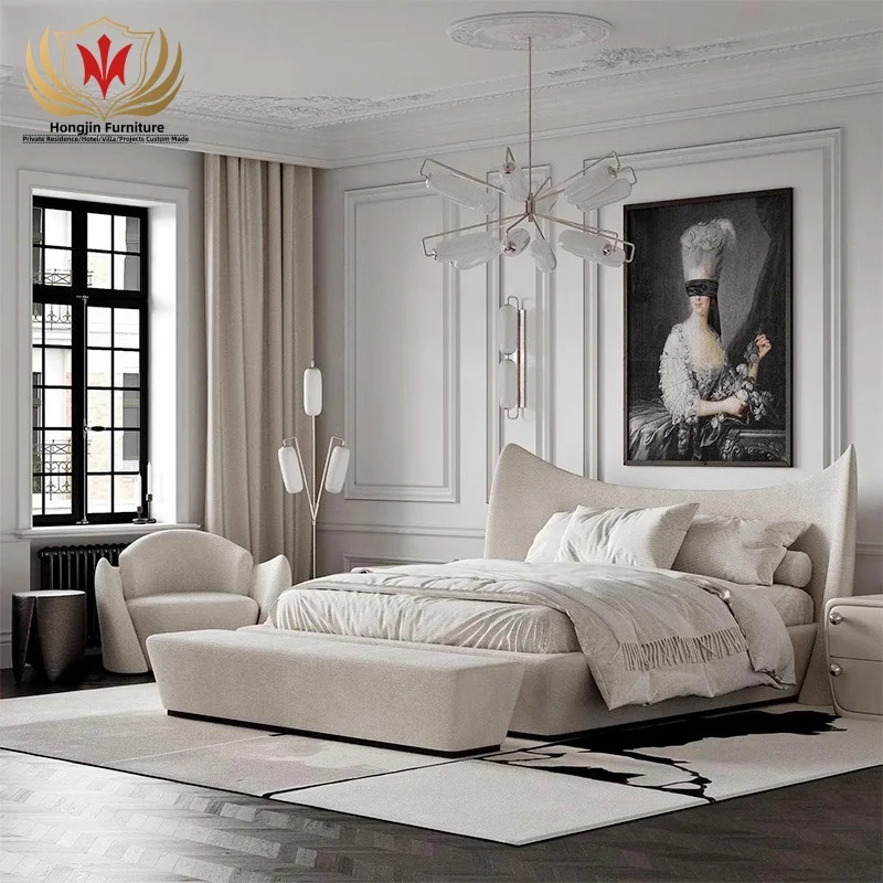HJ HOM Modern unique design queen size beds home villa apartment fabric upholstered king size bed for bedroom