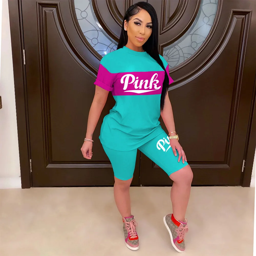 Fashion Pink Letter Printing Suit Short Sleeve T-shirt Leggings Women Two piece Shorts Set 2 piece set women