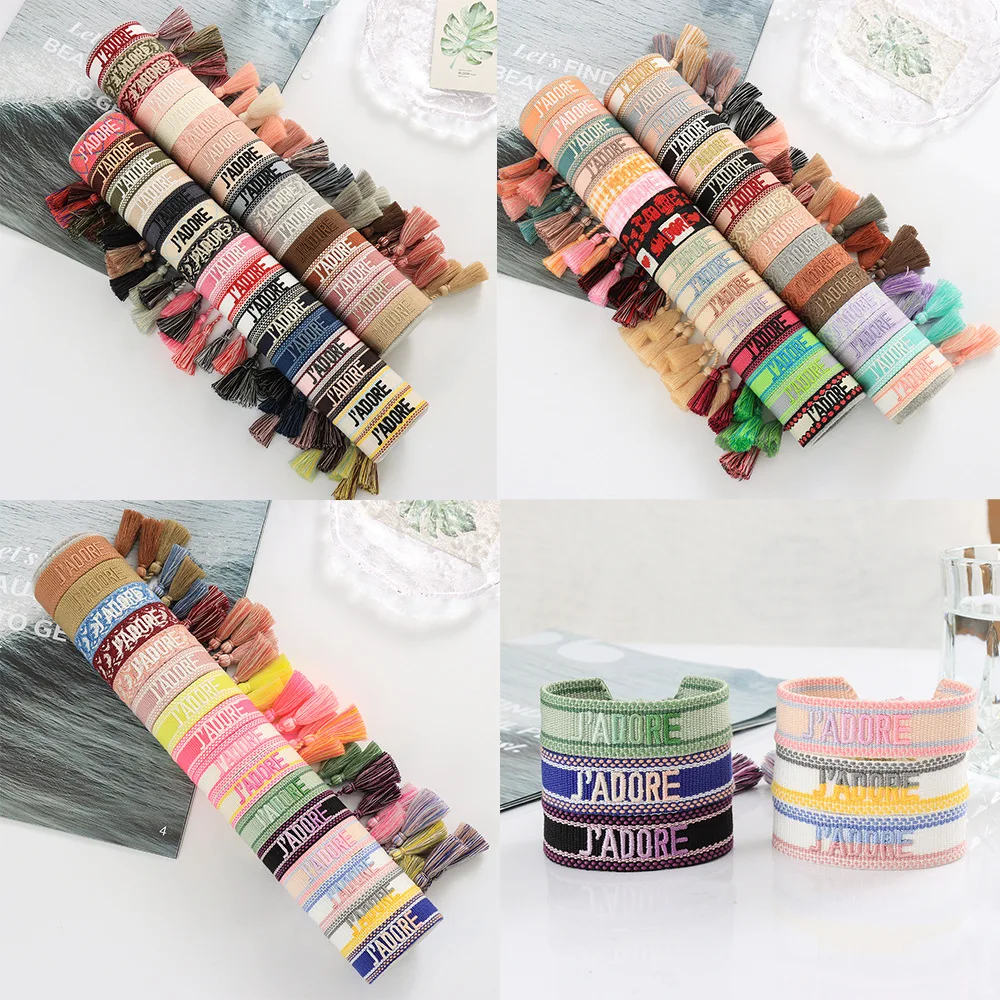 Ethnic embroidered designer letters tassel twisted rope crochet braided cord bracelet and charms