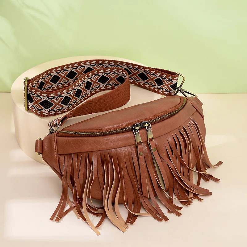 Hot Selling Retro Bags Pu Leather Belt Bag Women Tassel Fringe Vintage Pack Crossbody Chest Bag For Women