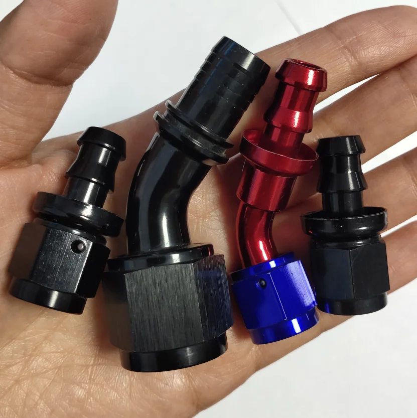 Custom logo black an barb fuel fittings aluminum 5/16 -6 -8 -10 -12an push lock hose end connections for rubber hose lines