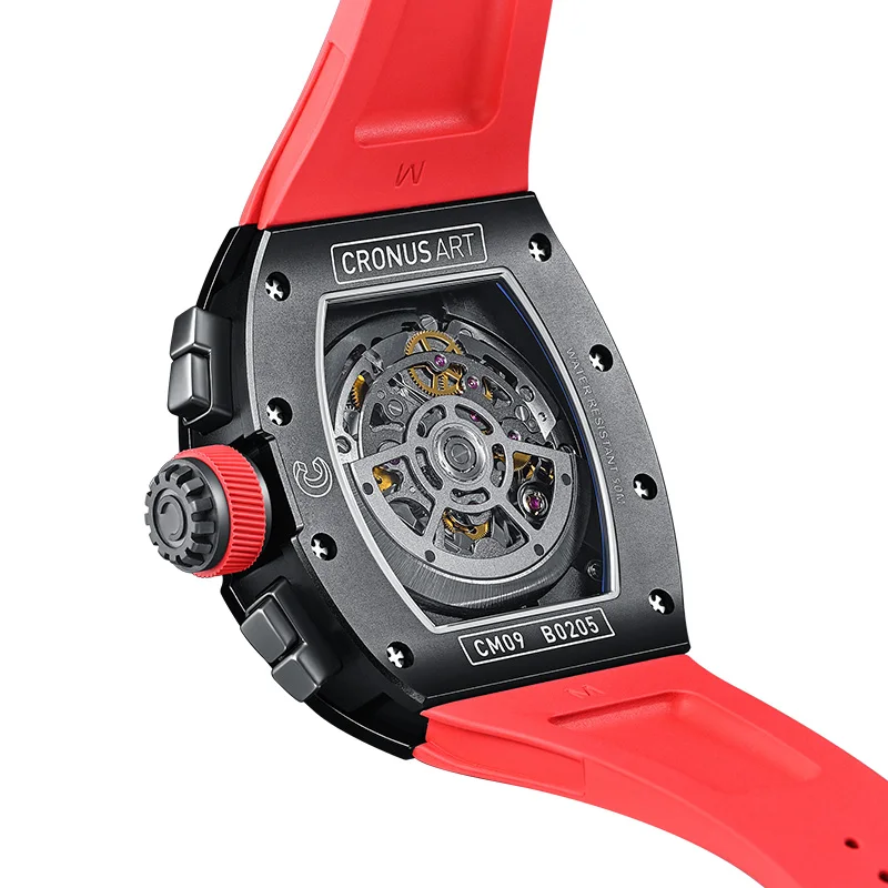 Red color Carbon Automatic Mechanical Watch for Men - Luxury Fashion Watch with Hollow Design