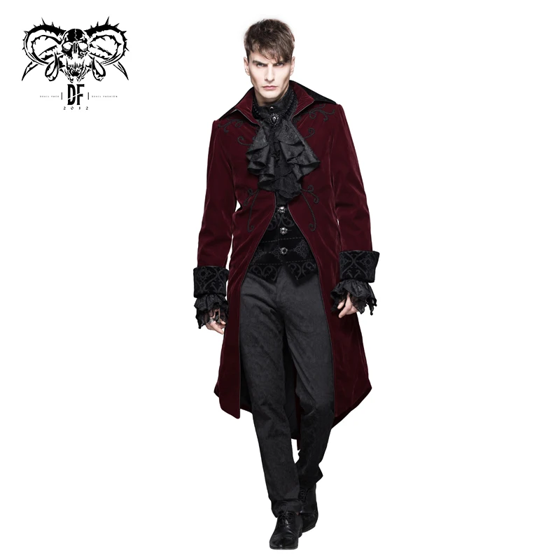 CT02802 Devil fashion black and red hand embroidery velveteen gothic suit patterned festival men long coat