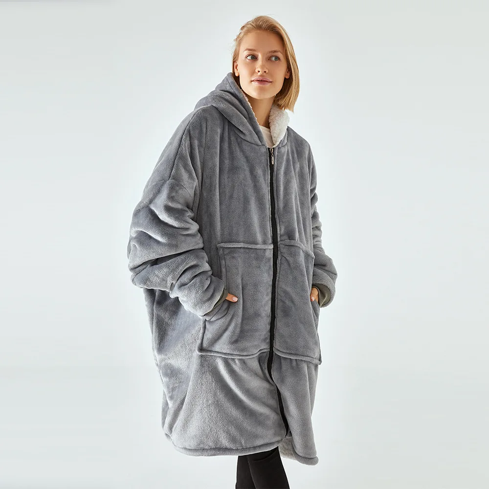 2022 Winter New Design Fashionable Oversize Comfy zipper soft Family Fleece Flannel Wearable Lazy Blanket Hoodie