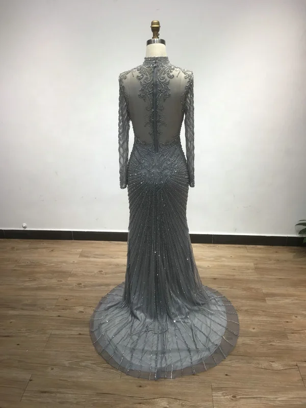 Luxury Dubai Arabic High Neck Couture Evening Dress 2023 Beaded Mermaid Women Muslim Long Sleeve Formal Party Gowns