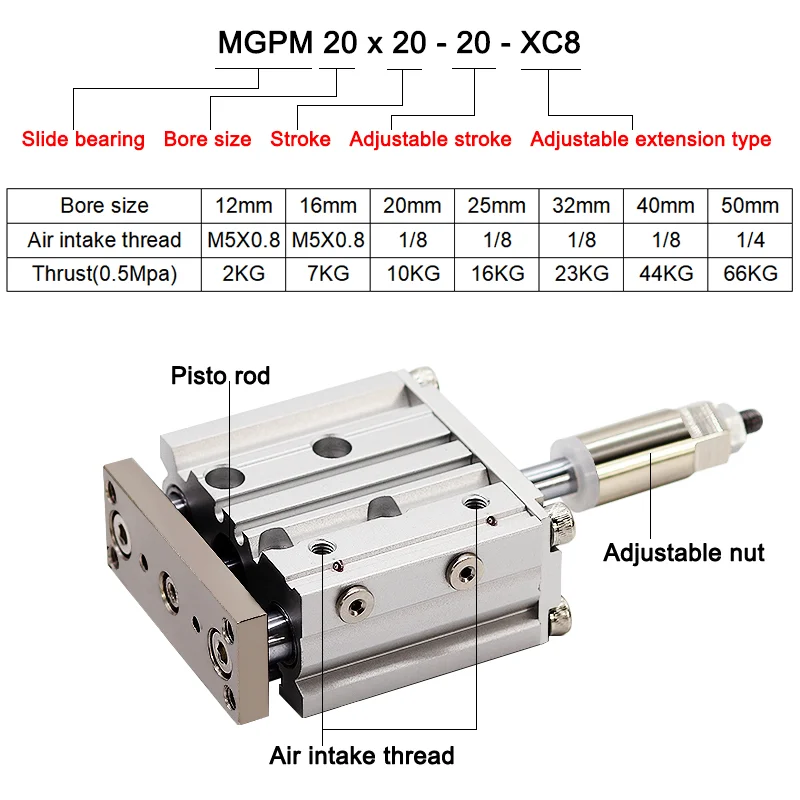 MGPM16-XC8 Bore Size 16mm Adjustable Stroke Three Axis With Rod Compact Guide Pneumatic Cylinder