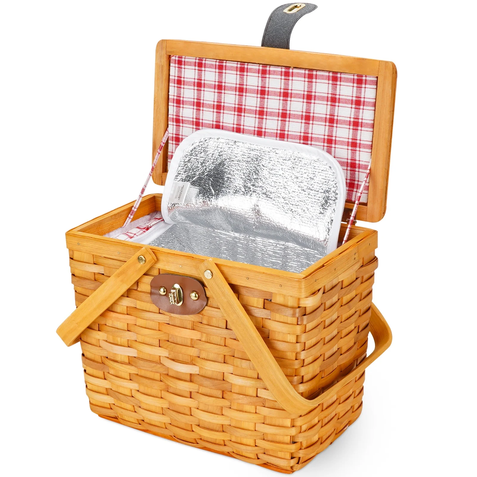 Woodchip Picnic Basket with Insulated Cooler Compartment, Handmade Woven Basket with Lid& Double Folding Handles, Wicker Storage