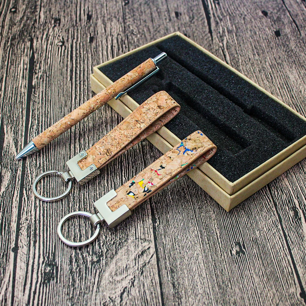 Boshiho Promotional office signature cork ball-point pen keychain gift set with custom recycled cork pen gifts for business
