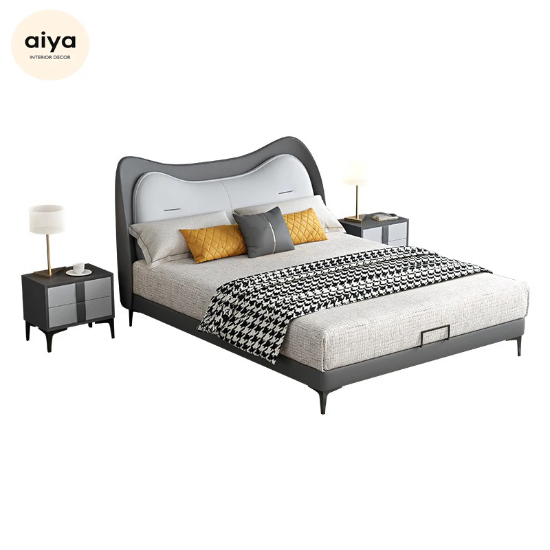 Italian Luxury Contrast Color leather upholstered soft bed child bed with storage