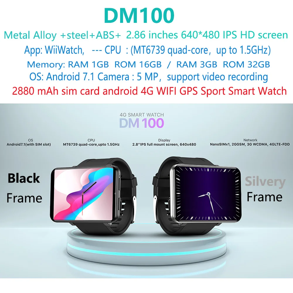 DM100 2 86 дюймов IPS большой сенсорный экран montre 2880 мАч Смарт-часы браслет android 4g GPS навигация умные