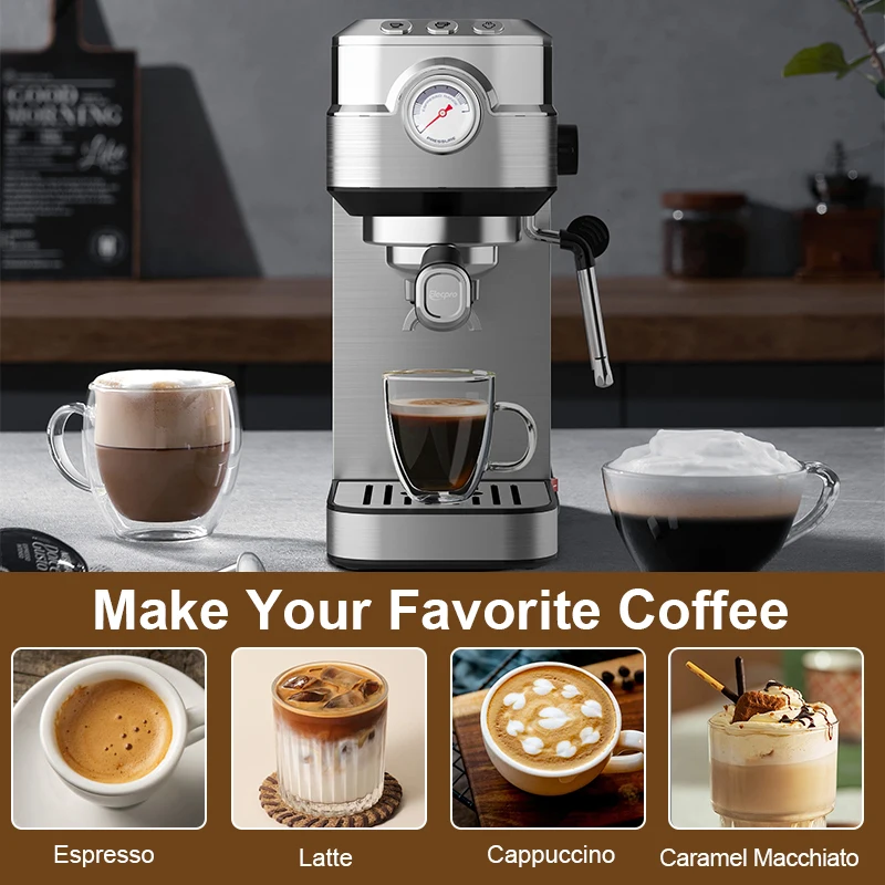 58mm Commercial funnel One button control single cups double cups Espresso Coffee Machine with Built In Milk Frother Steamer