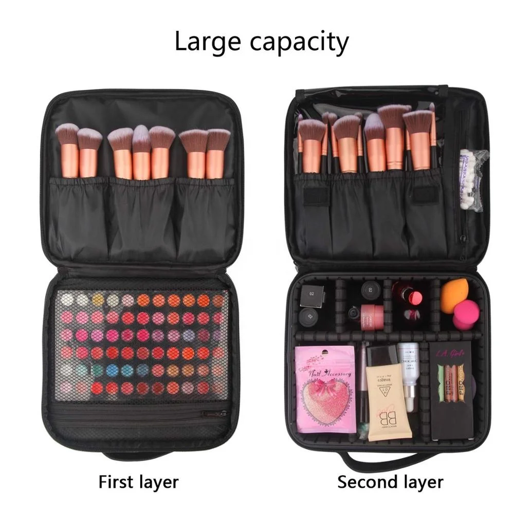 Makeup Train Case with Mirror 2 Layer Large Size Make Up Artist Box with Adjustable Shoulder