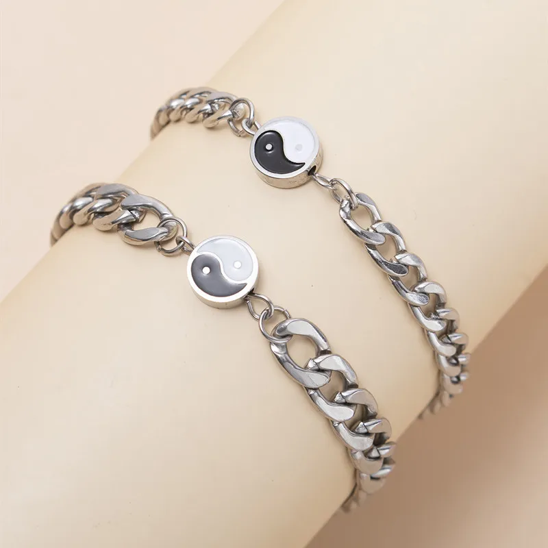 2Pcs/Set Tai Chi Charm Bracelet Yin Yang Pendant Stainless Steel Bracelets for Couples Men Women Friendship Bracelets