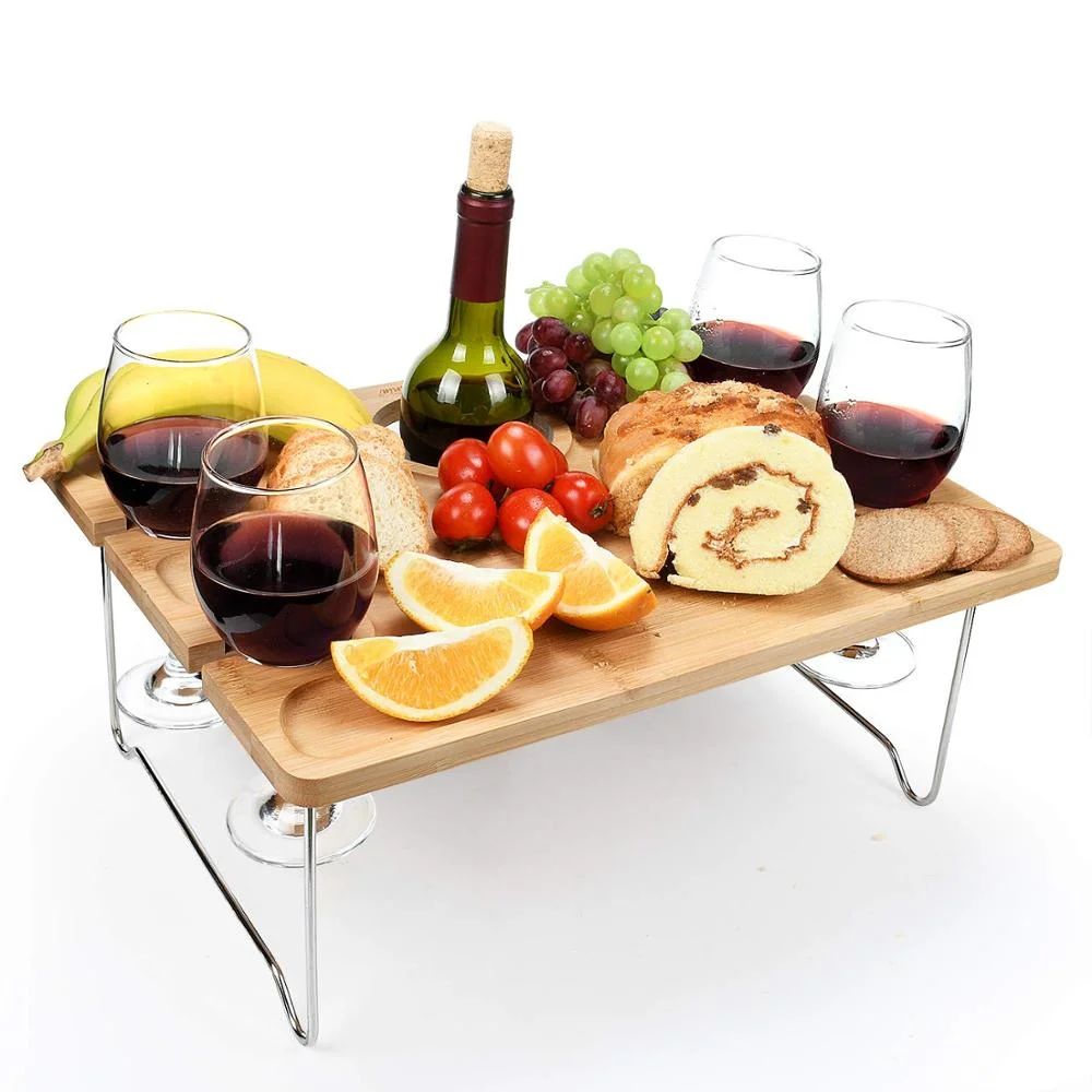 High Quality Folding Portable Beer Bottle Snack Cheese Holder Tray Outdoor Bamboo Wine Glasses Stand Rack Picnic Table