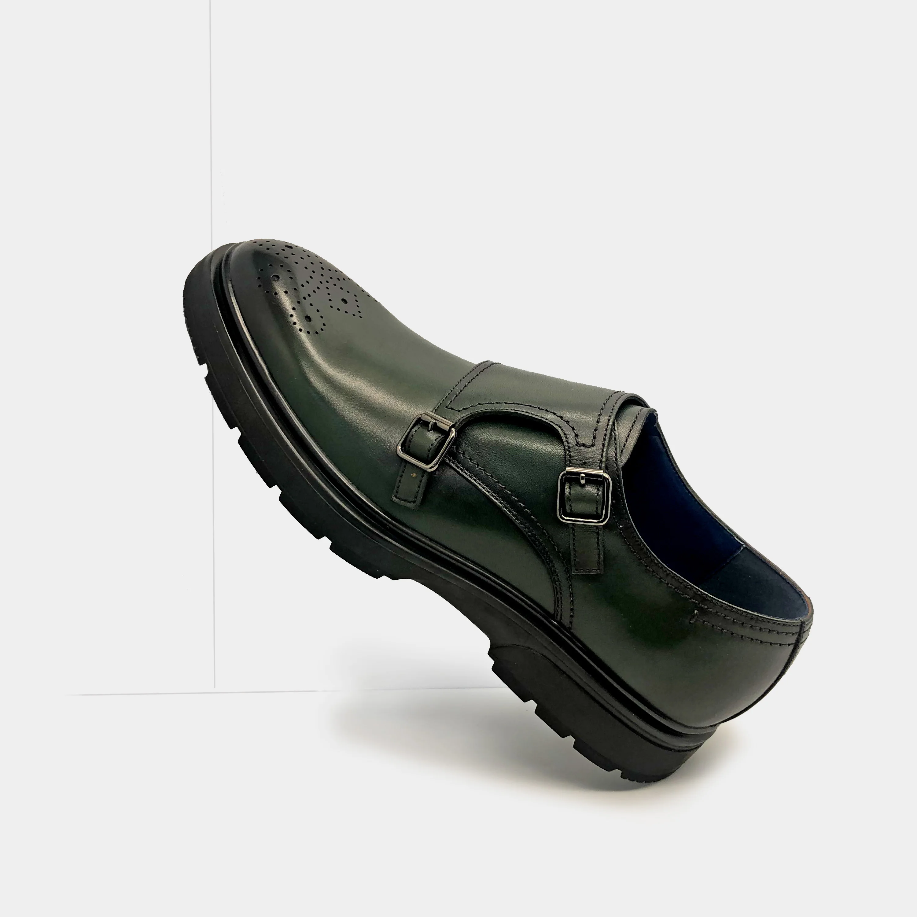 Zari brogue work in office height increasing buckle monk strap genuine leather green dress shoes men
